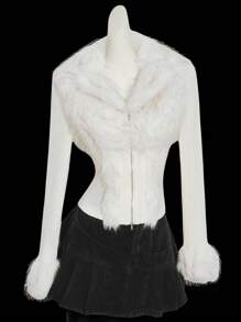 SHEIN ICON Y2k Women's Going Out Fall Western Going Out Zip Up Grunge Concert Goth Zipper White Fashion Faux Fur Patchwork Long Sleeve Fitted Jacket