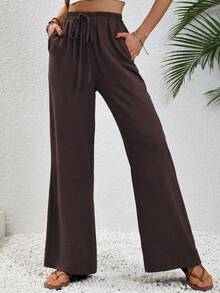 SHEIN Tall Women's Khaki Casual Vacation Style Elastic Waist Drawstring Straight Leg Pants Fall Cloth For Women - Coffee Brown - View 6