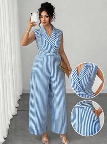 Elenzga 大码女式优雅条纹无袖连体裤 - 藍色 - 查看 1