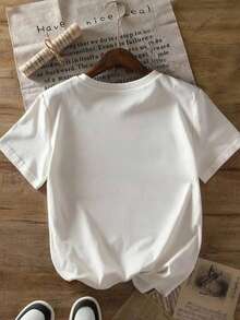 EMERY ROSE Plus Size White Graphic Short Sleeve T-Shirt, Streetwear Style, Cute Summer Top - White - View 2