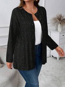 Cárdigan de punto de cable de un solo botonadura para mujer de talla grande, unicolor casual y versátil para otoño/invierno - Gris Oscuro - Ver 5