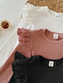 SHEIN 女婴时尚可爱精致小飞袖荷叶边家居三件套休闲纯色针织长袖上衣，多色时尚百搭秋冬款，柔软面料呵护宝宝娇嫩肌肤，是妈妈们的首选。买二送一！女婴时尚长袖上衣，女婴荷叶袖上衣，女婴长袖衬衫，幼儿荷叶袖上衣，新生儿女婴长袖衬衫，女婴罗纹上衣，秋季款 - 彩色 - 查看 3