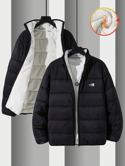 SHEIN Teen Boys' Basic Puffer Plush Lining Padded Winter Jacket Coat Casual Letter Slogan Print Stand Collar Zip-Up Thermal Lined Jacket Outerwear, All-Match Versatile Design Suitable For Commuting, Sport,School, Daily Casual, Travel, Outdoor, Party, Fall Autumn And Winter