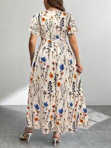 Firerie Vestido de verano con cuello en V, ajuste holgado, estampado aleatorio, abertura y cintura con lazo para mujer de talla grande - Multicolor - Ver 2