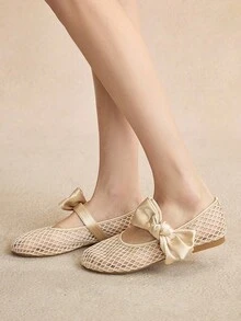 Rosivie Women's Fashion Black Mesh Bow Flat Shoes - Apricot - View 5