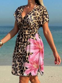 Swim Lushoire 2025 Women Leopard & Floral Print Short Sleeve Loose Dress, Summer Vacation