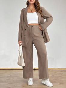SHEIN Clasi 大码休闲通勤条纹夹克和裤子套装 - 咖啡棕 - 查看 3