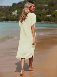 SHEIN Swim 女式钩针 V 领蝙蝠袖短袖宽松罩衫连衣裙，适合度假