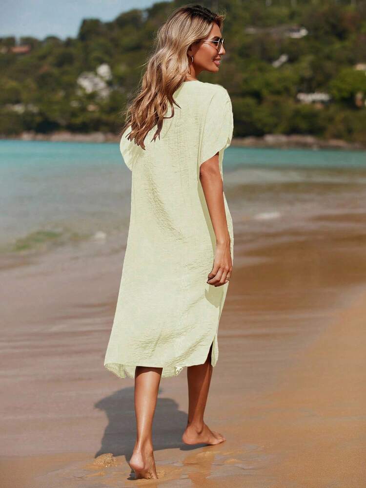 Women's Crochet V-Neck Batwing Short Sleeve Loose Coverup Dress, Suitable For Vacation