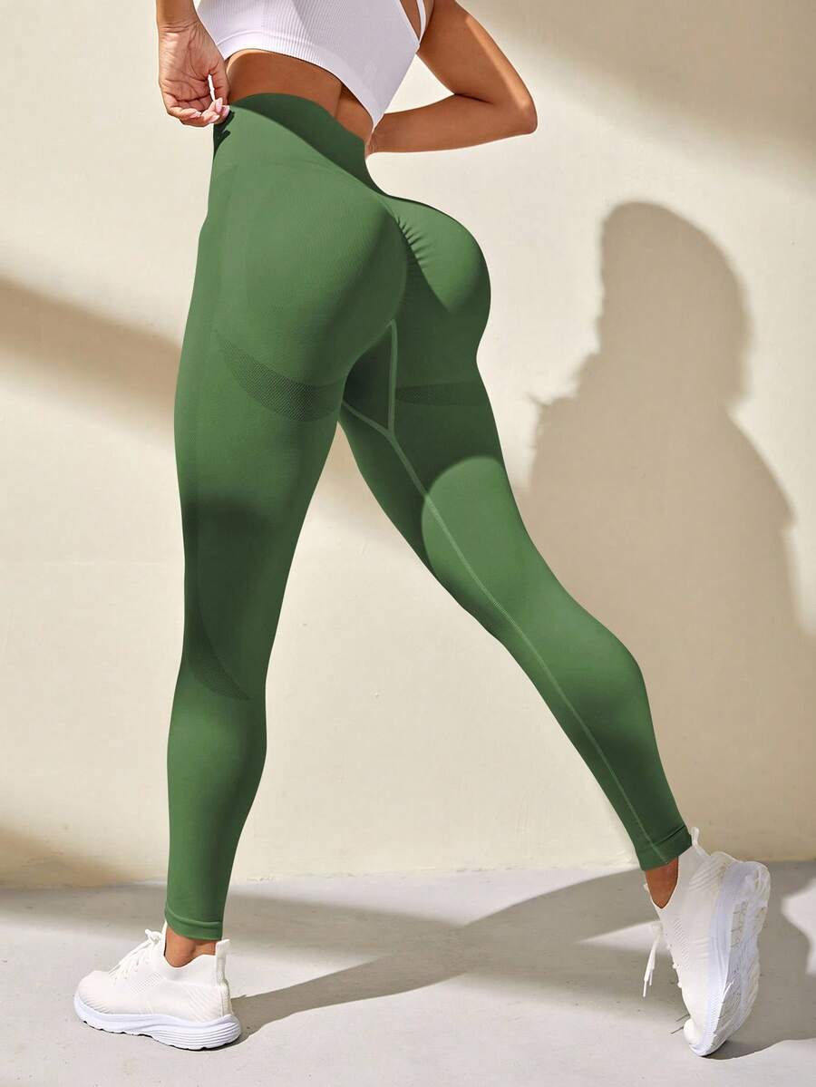 Gameset SHEIN Sport 女式高腰撞色滚边无缝紧身裤瑜伽裤 - 綠色 - 查看 1