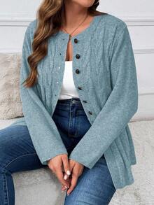 Plus Size Women Cable Pattern Long Sleeve Single-Breasted Casual Knit Cardigan, Autumn Winter Fall - Teal Blue - View 3