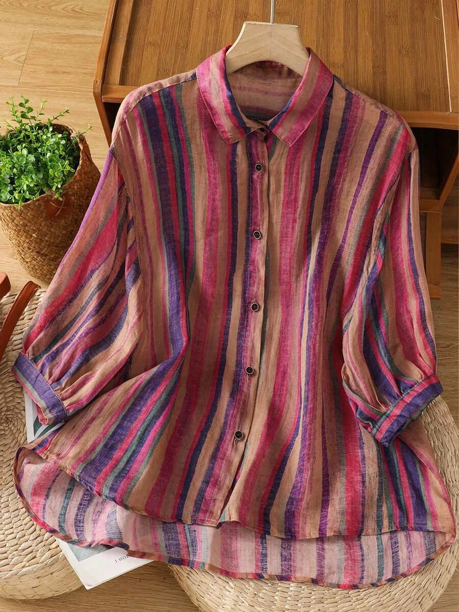 Linhara CURVE Plus Size Women Striped Print Casual & Work Comfortable Long Sleeve Shirt - Multicolor - View 1