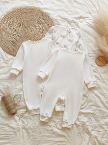 Vintaside Kids 3pcs Baby Boy Cartoon Animal Print Crew Neck Long Sleeve Snap-Up Jumpsuit, Suitable For Infants, Casual Home, Vacation, Family Gathering, Party Fall Winter - White - View 2