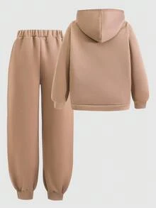 SHEIN 2 件套青少年女孩休闲标语印花连帽衫和运动裤套装，纯色简约基本搭配服装，适合通勤、上学、日常休闲、旅行、户外派对、运动、秋冬 - 咖啡棕 - 查看 4