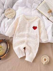 SHEIN 宝宝和女孩时尚可爱百搭爱心卡通毛衣爬行服针织连体衣 - 米色 - 查看 2