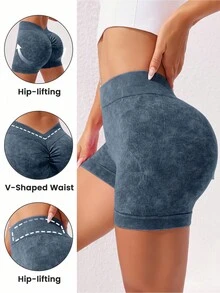 SHEIN Dewbera 女士哑光运动短裤，腰部褶皱，性感提拉，弹性舒适，适合瑜伽和健身 - 藏蓝色 - 查看 2