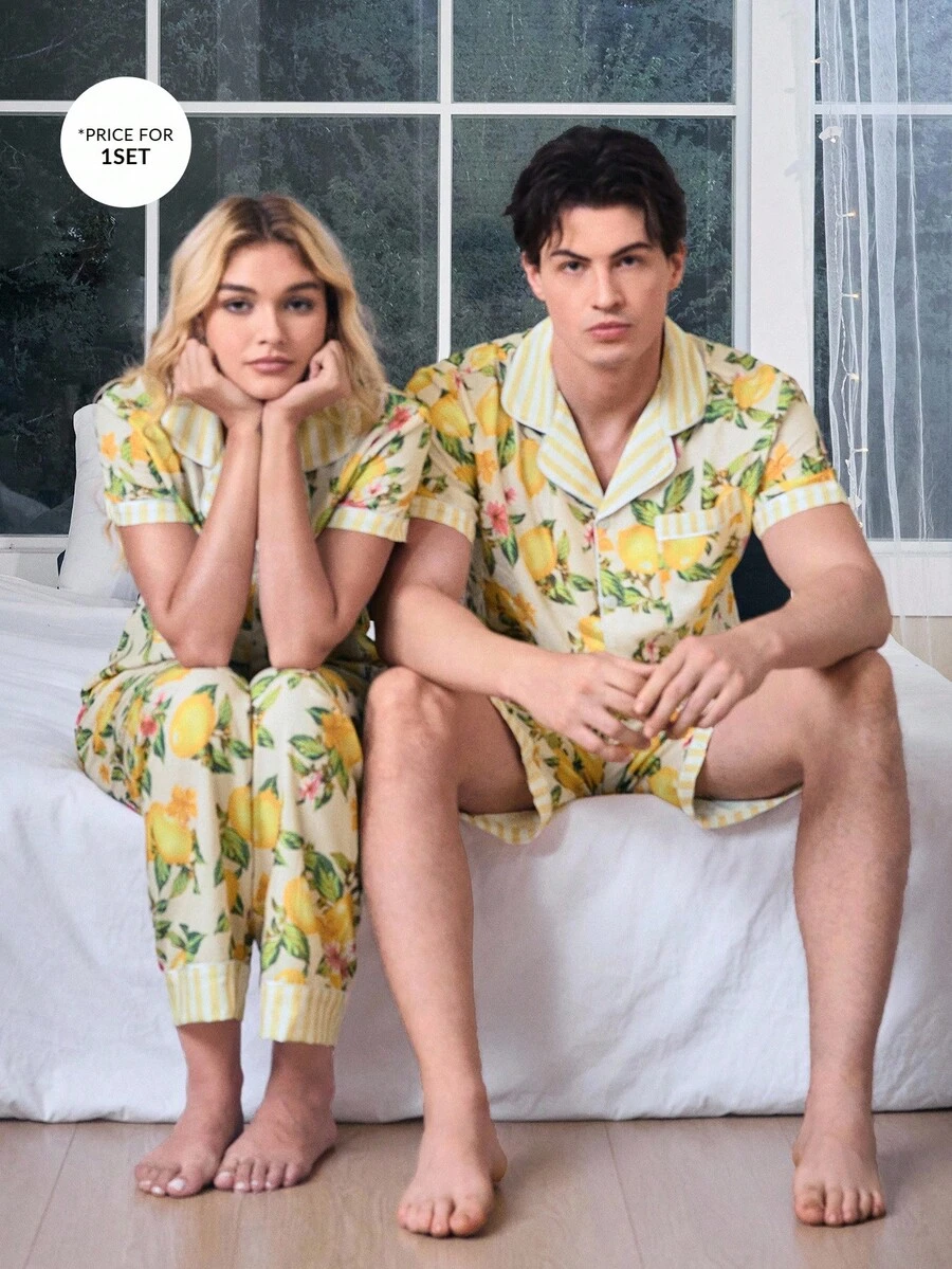 CoupledUp Set pijama bărbătesc cu imprimeu de fructe, mânecă scurtă, top și pantaloni scurți, cu nasturi