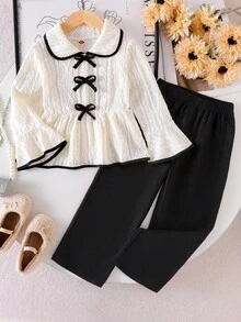 SHEIN Elladie kids مجموعة من قطعتين: ملابس علوية بأكمام متسعة بيضاء مزينة بفيونكة سوداء وبنطلون أسود كاجوال مريح وفضفاض - أبيض - مشاهدة 6