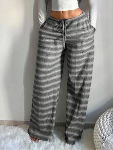 SHEIN SXY Damen bequeme, lässige, minimalistische Hose mit niedriger Taille, Kordelzug und weitem Bein, gestreifte Strickhose mit weitem Bein, Herbst