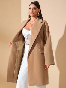 EURMUSE 女士休闲纯色翻领落肩宽松双排扣羊毛大衣 - 米色 - 查看 7