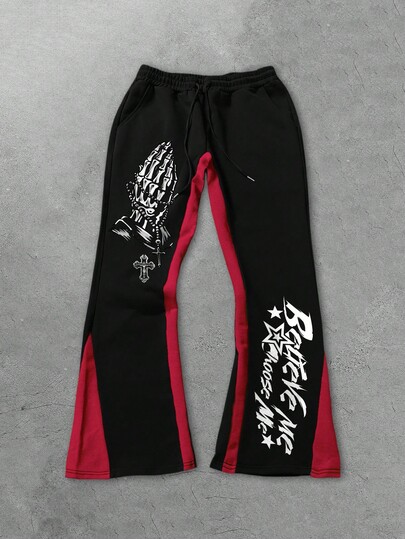 Goth Men's Comfortable Casual Black & Red Cross Print Flared Pants, Autumn/Winter