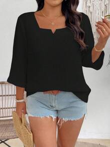 EMERY ROSE Camisa de talla grande de unicolor y textura casual - Negro - Ver 4