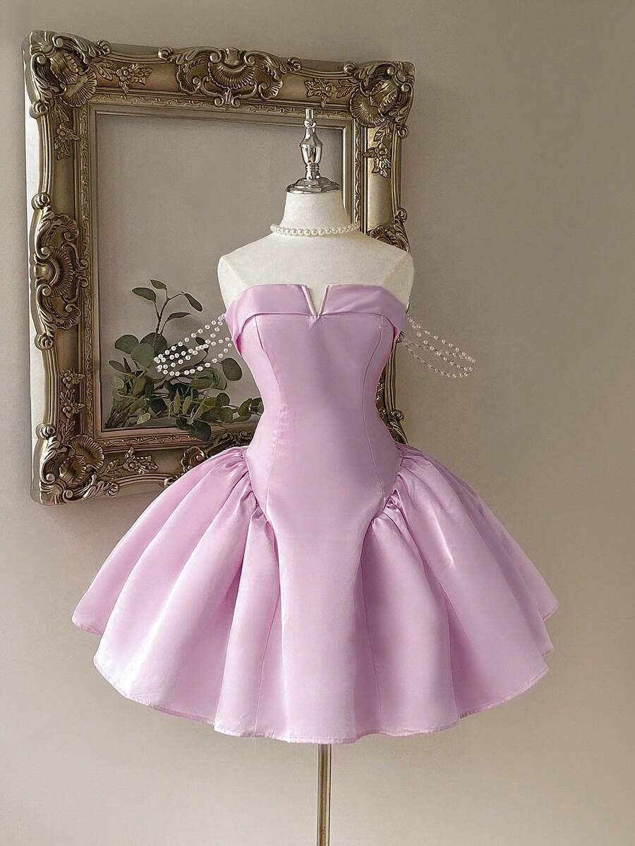 Lovelzi 优雅浪漫粉色 V 领露肩复古收腰女式正式晚礼服 - 淺粉色 - 查看 1