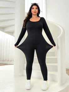 Solflare Plus Size Thermal Knitted Jumpsuit, Autumn/Winter Long Sleeve Jumpsuit Bodycon Jumpsuit Black Catsuit Black Body Suit