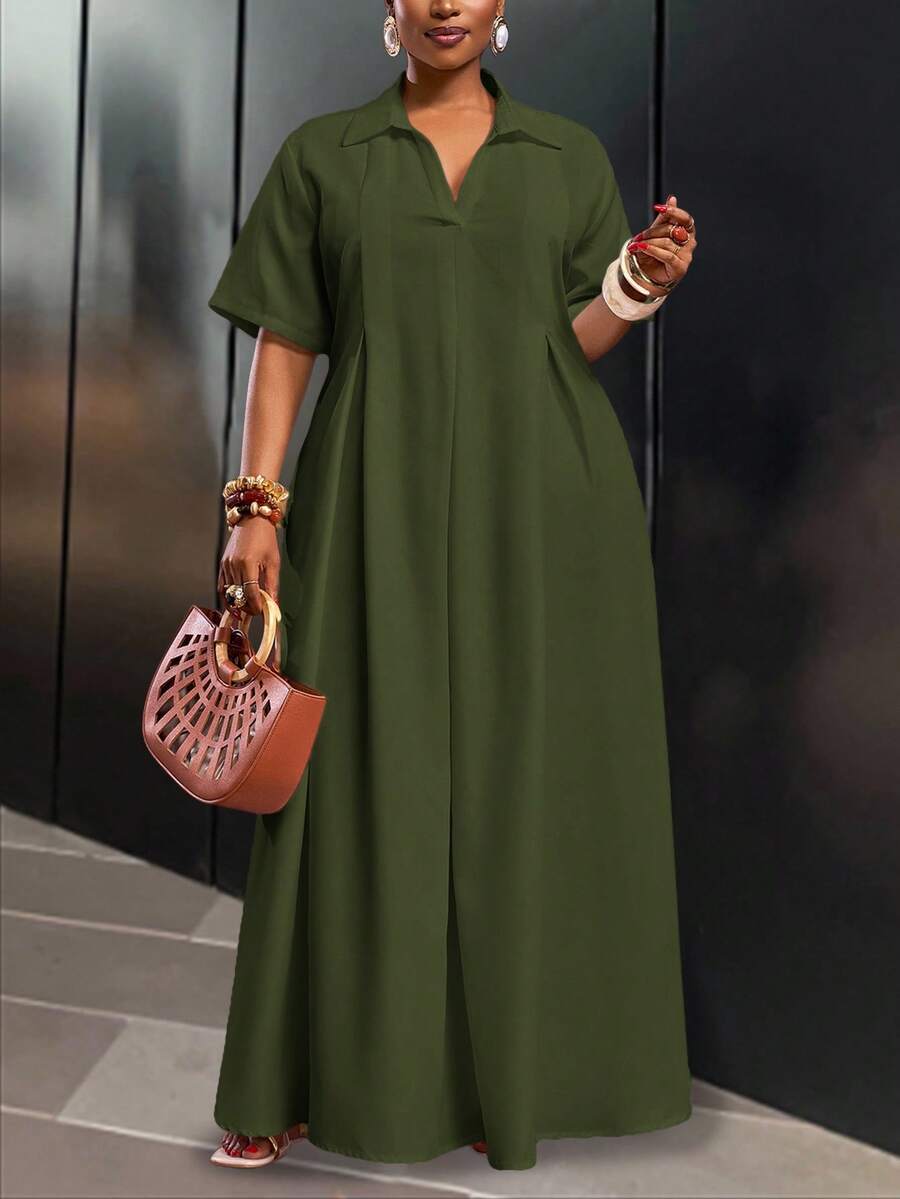 Slaydiva 2025 春夏新品度假通勤休闲白色宽松短袖 V 领褶皱 A 字长款衬衫裙大码女装