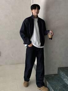 DAZY Men's Solid Navy Blue Denim Suit, Autumn Business Attire