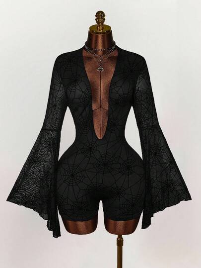 Amplova סרבל נשים עם צווארון V ושרוולים מתרחבים בסגנון עכביש ליל כל הקדושים