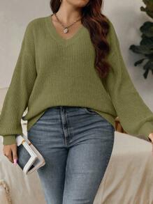 SHEIN LUNE Sweater Kasual Ukuran Besar Warna Polos Leher V Bahu Jatuh, Pakaian Musim Gugur/Dingin untuk Wanita - Hijau - View 6