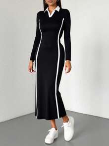 SHEIN Tween Girls' V-Neck Long Sleeve Casual Sports Dress, White, Autumn Clothes - Black - View 1