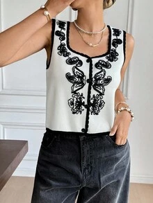 SHEIN Frenchy Women's Elegant White Floral Embroidered Sweater Vest,Contrast Trim Button Front Casual Knit Top For Autumn,Brunch,Party,Christmas & Winter,Chic - Apricot - View 6
