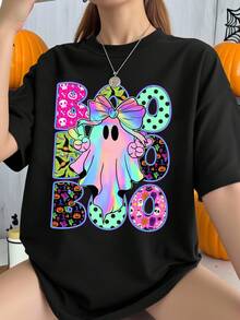 Trang phục hóa trang Halloween cho nữ thời trang giản dị sáng tạo đầy màu sắc hình ma và khẩu hiệu in họa tiết cơ bản tay ngắn - màu đen - Xem 1