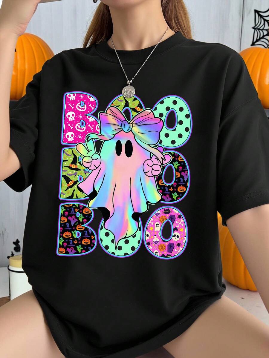 Trang phục hóa trang Halloween cho nữ thời trang giản dị sáng tạo đầy màu sắc hình ma và khẩu hiệu in họa tiết cơ bản tay ngắn - màu đen - Xem 1
