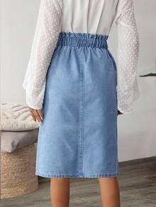 SHEIN LUNE 女式荷叶边腰带口袋直筒休闲牛仔裙 - 藍色 - 查看 2