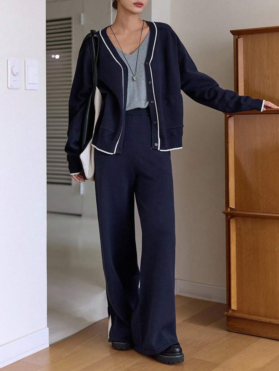 DAZY Conjunto de 2 piezas de punto con top de manga larga con ribete de contraste y pantalones de unicolor, para otoño - Azul Marino - Ver 1