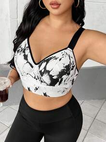 Auralis Sujetador deportivo de invierno de talla grande con estilo athleisure, acolchado extraíble, tirantes ajustables, alto soporte de impacto, diseño de estampado de mármol de tinta, ropa deportiva de invierno para mujeres - Blanco y Negro - Ver 4