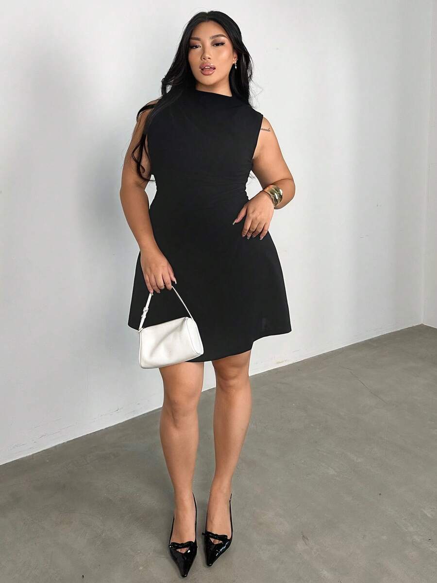 Firerie Plus Size Women's Elegant Minimalist Delicate Romantic Sweet Daily Commute Wedding Party Music Festival Vacation Side Ruched Waist A-Line Umbrella Mini Sleeveless Short Dress, Red; Birthday Party Dress - Black - View 1