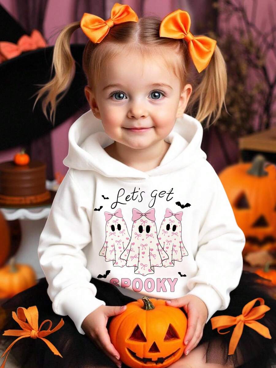 SHEIN 可爱的奶油粉色万圣节蝴蝶结和妖精印花，男婴针织柔软连帽运动衫，舒适厚实，适合户外野餐、街头风格、家居服 - 白色 - 查看 1