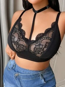 SHEIN Plus Size Lace Patchwork Wireless Bra - Black - View 2