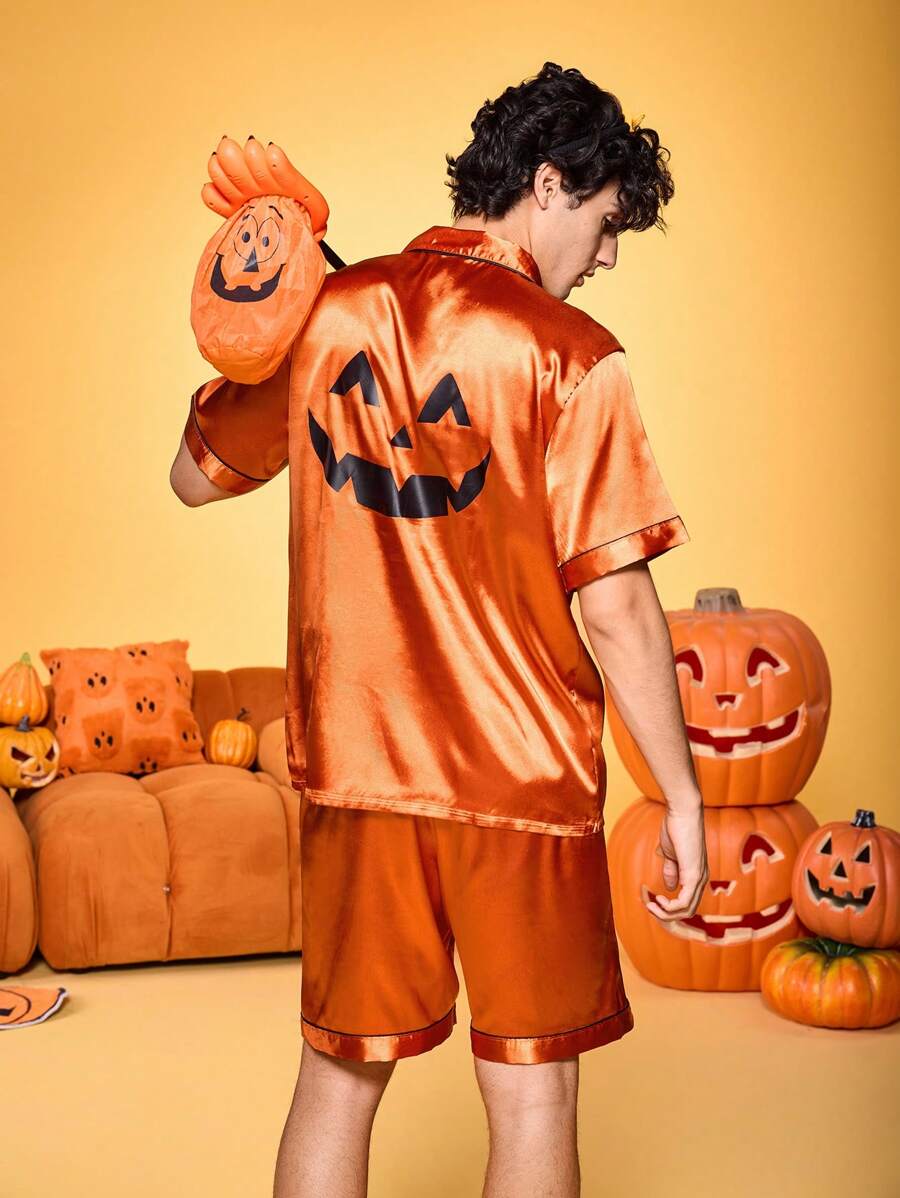 Notgurli Bộ đồ ngủ 2 món bằng vải satin in hình bí ngô Halloween thoải mái thân thiện với làn da vui nhộn dành cho cha mẹ và con cái trong bữa tiệc gia đình - trái cam - Xem 1