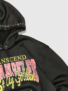 ROMWE MEN Street Life Men's Autumn Slogan Print Long Sleeve Pocket Rhinestone Decor Drawstring Hoodie - Black - View 3