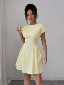 Selianne Round Neck, Off-The-Shoulder Sleeves, Waist-Cinching, Pleated, Creamy Yellow, Jacquard Fabric.Italian Dress - Yellow - View 7