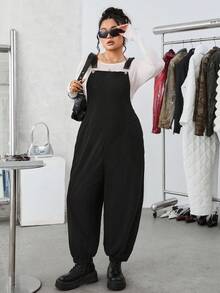 SHEIN EZwear 秋冬款大码黑色灯芯绒背带裤 - 黑色 - 查看 1