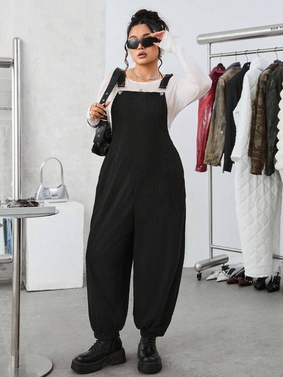 SHEIN EZwear 秋冬款大码黑色灯芯绒背带裤 - 黑色 - 查看 1