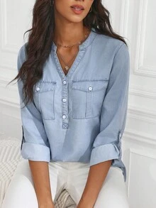 SHEIN Tall 女式休闲V领卷袖牛仔衬衫，秋季 - 淺色水洗藍 - 查看 6