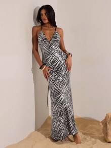 Opulessa 女式斑马纹亮片紧身美人鱼下摆性感吊带连衣裙 - 灰色 - 查看 1