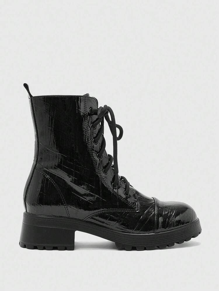 CUCCOO BIZCHIC Black Round Toe Thick Sole Textured Ankle Boots, Lace-Up, Low Heel Women Shoes
